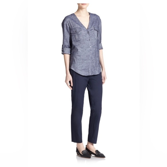 THEORY Trisalta Navy/Grey Linen V-Neck Tab SLV Flap Pocket Career Minimal Top L - Picture 1 of 16